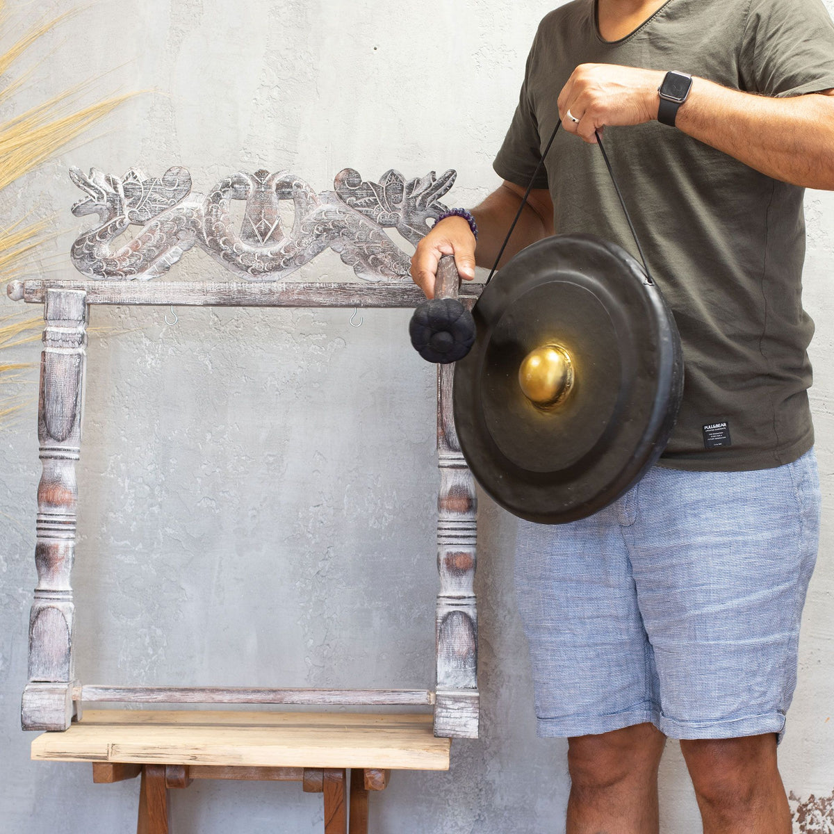 Gong de meditación de 35 cm negro con soporte de madera tallada, foto 4