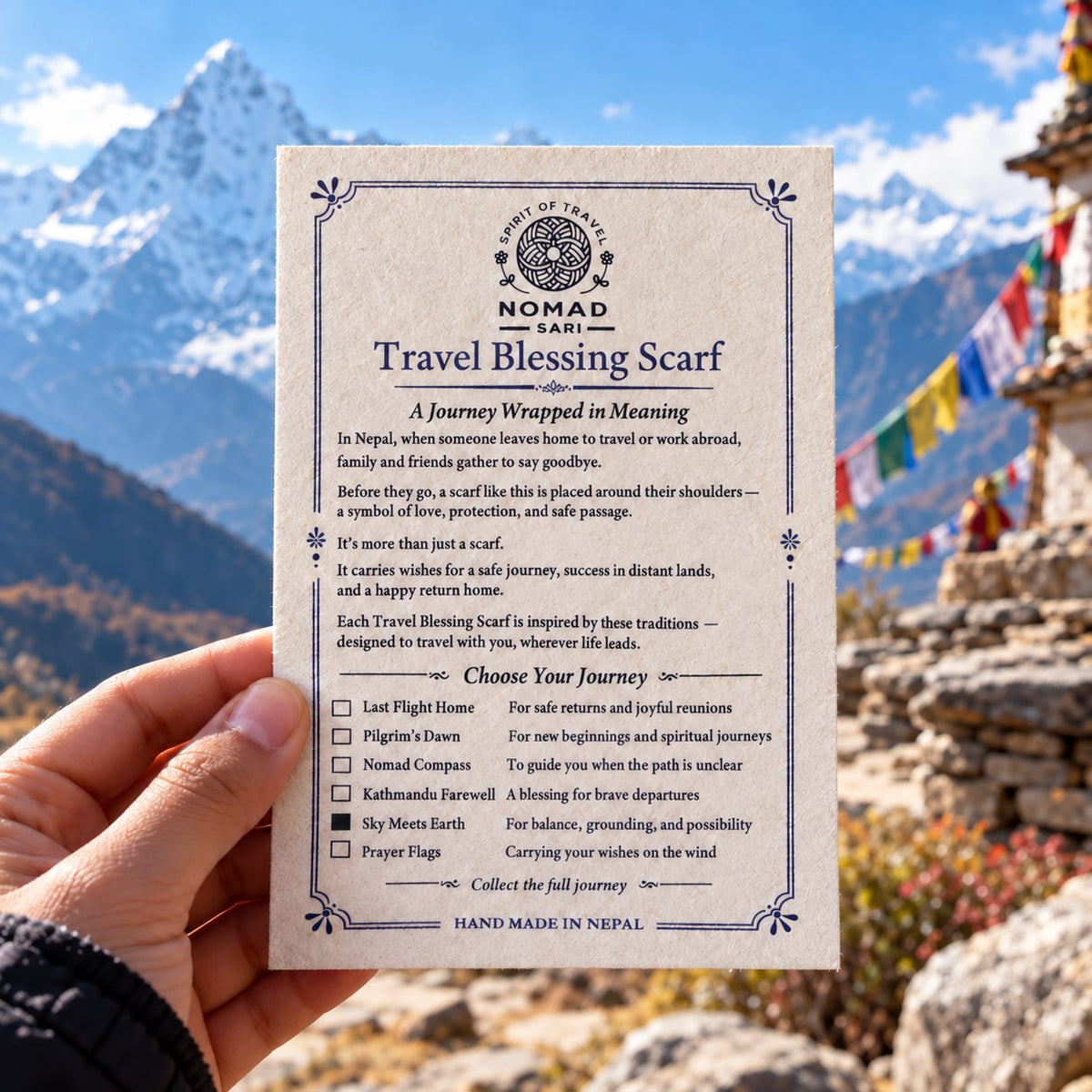 Tarjeta de bendición de viaje que acompaña a las bufandas Nomad Sari
