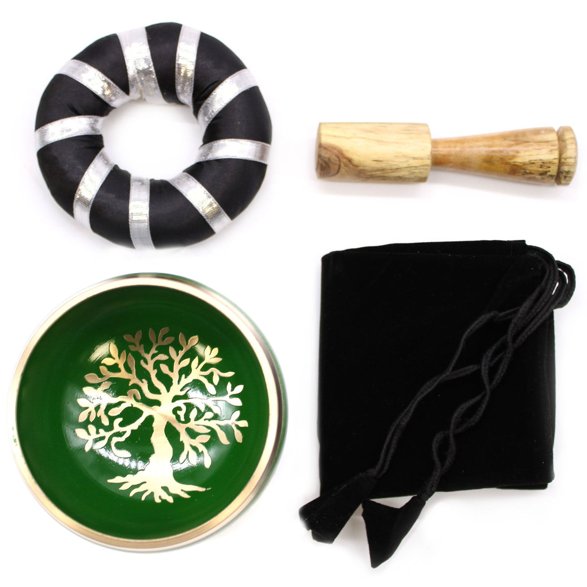 Set de cuenco tibetano verde con árbol de la vida con mazo y cojín, foto 8