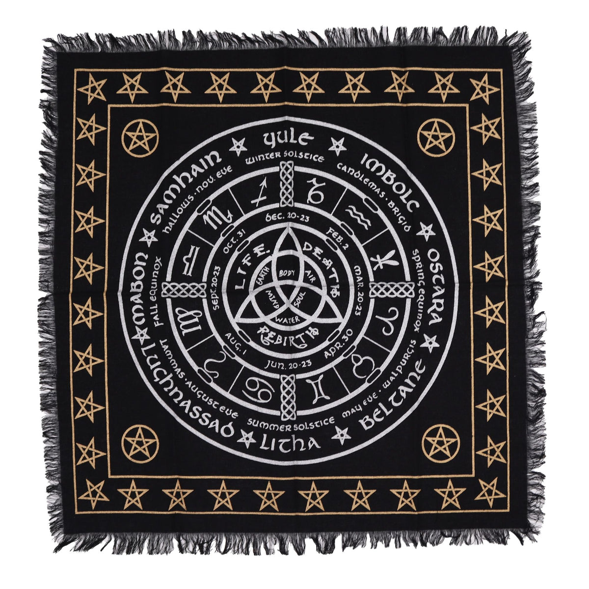 Mantel de altar esotérico con flecos Vida, Muerte y Renacimiento 50 x 50 cm