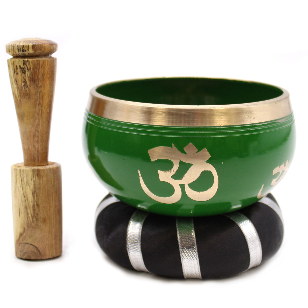 Set de cuenco tibetano verde con árbol de la vida con mazo y cojín