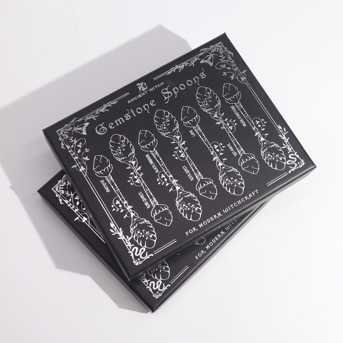 Juego de 7 Cucharas de Bruja de Cristal de Piedra Preciosa de Plata Oscura