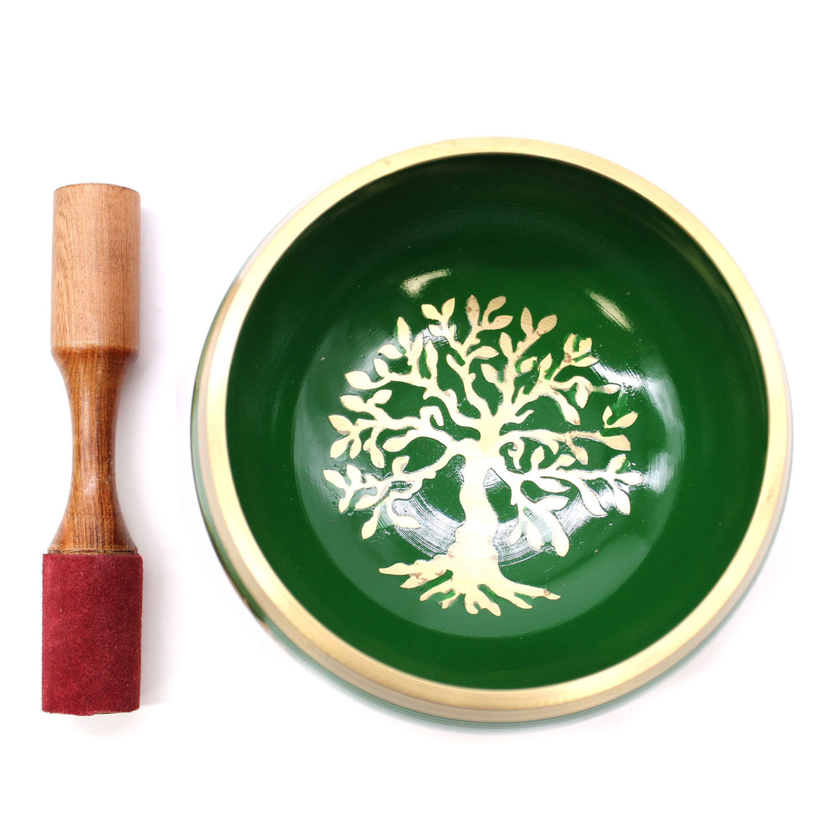 Set de cuenco tibetano grande verde con árbol de la vida con mazo y cojín, foto 3