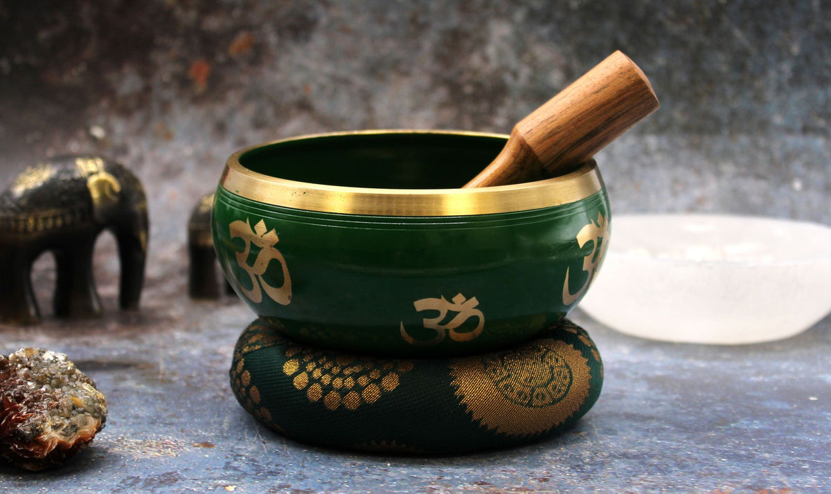 Set de cuenco tibetano grande verde con árbol de la vida con mazo y cojín, foto 2