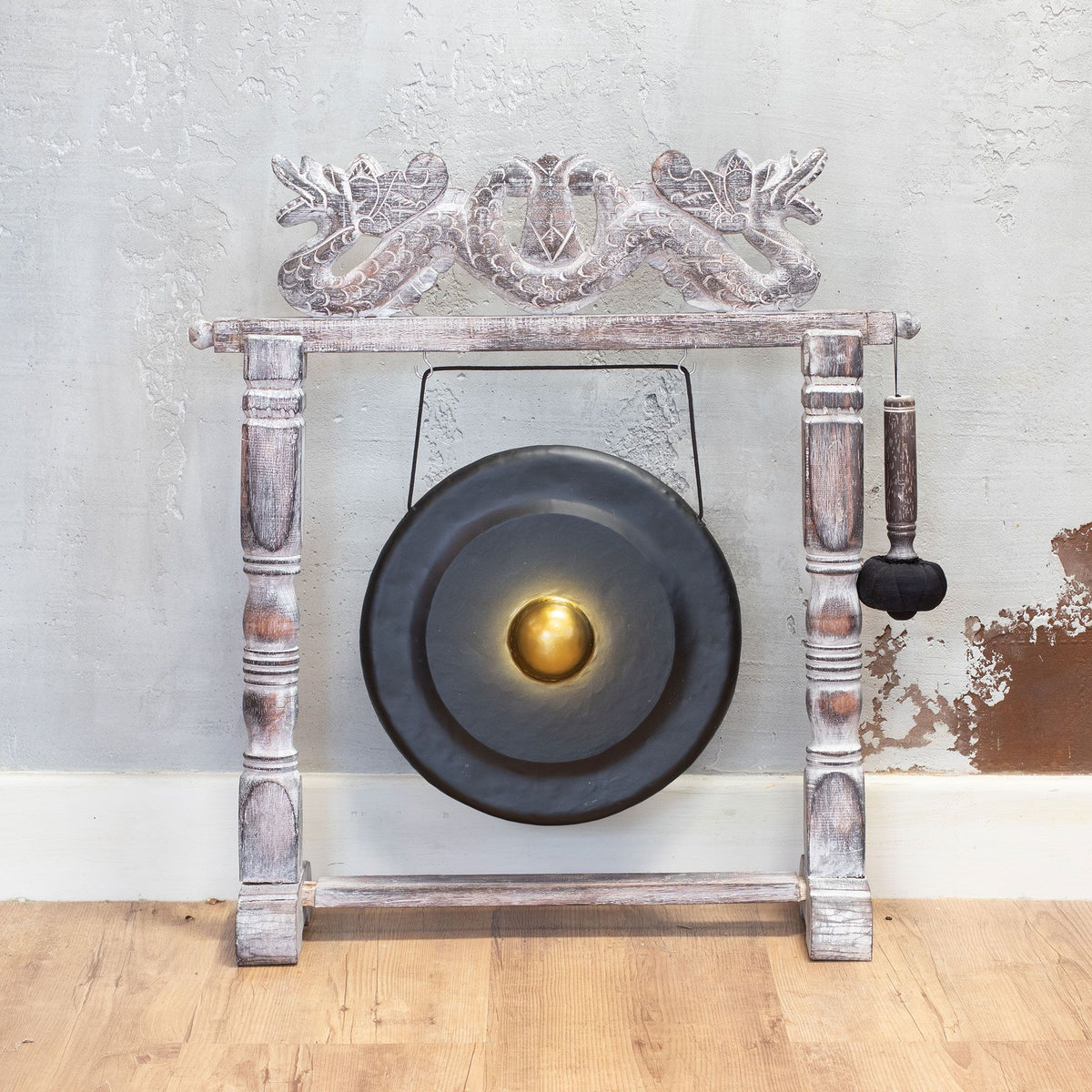Gong de meditación de 35 cm negro con soporte de madera tallada