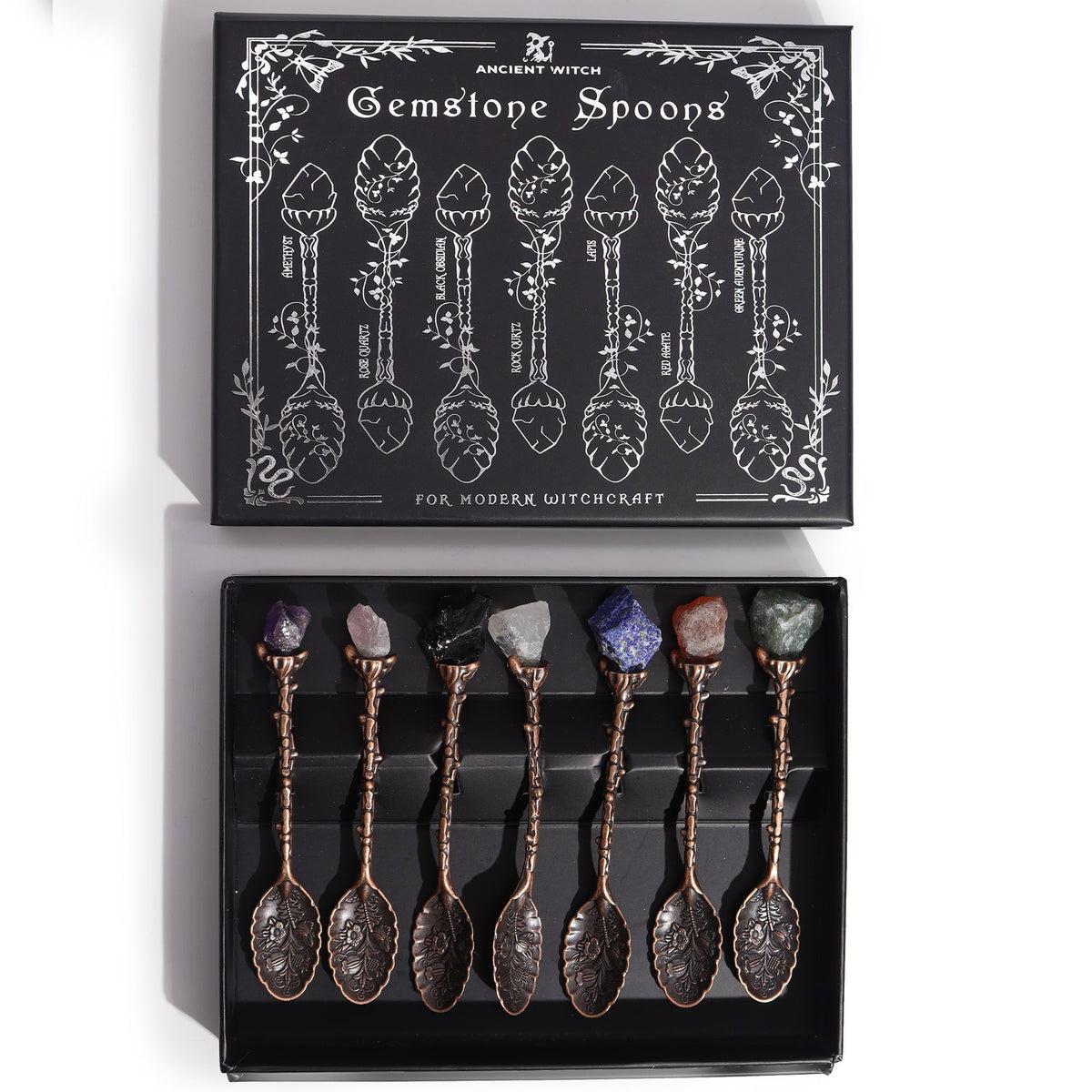 Set de 7 cucharas de bruja de metal acabado bronce con piedras naturales