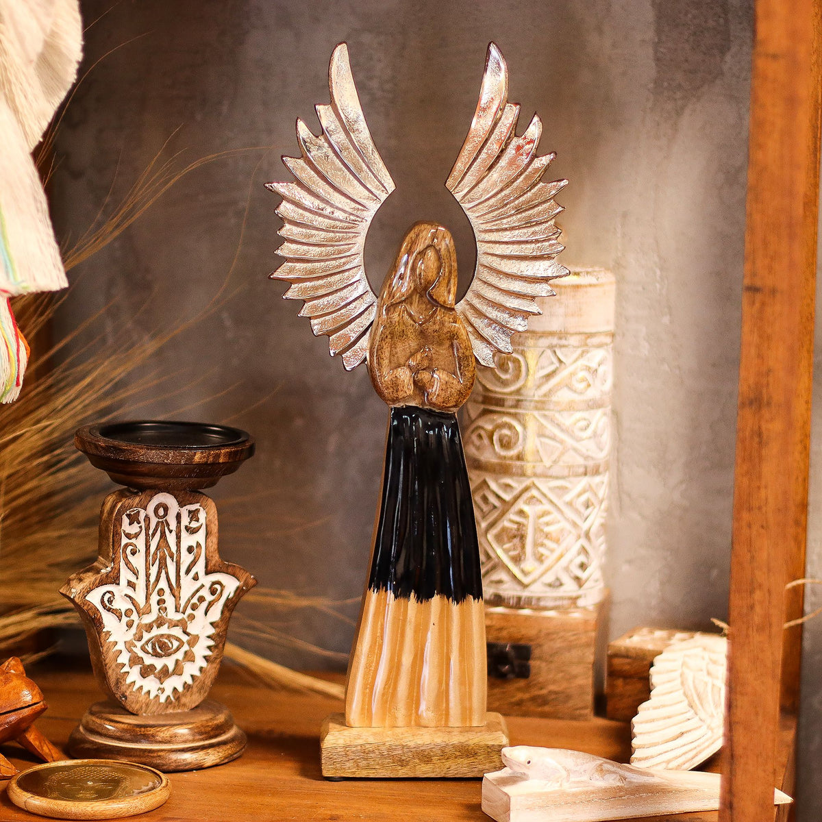 Ángel guardián de madera de mango 40 cm