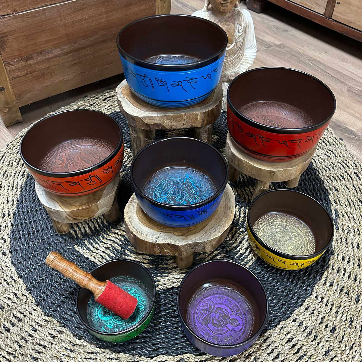 Juego de 7 cuencos tibetanos de colores, tamaño pequeño
