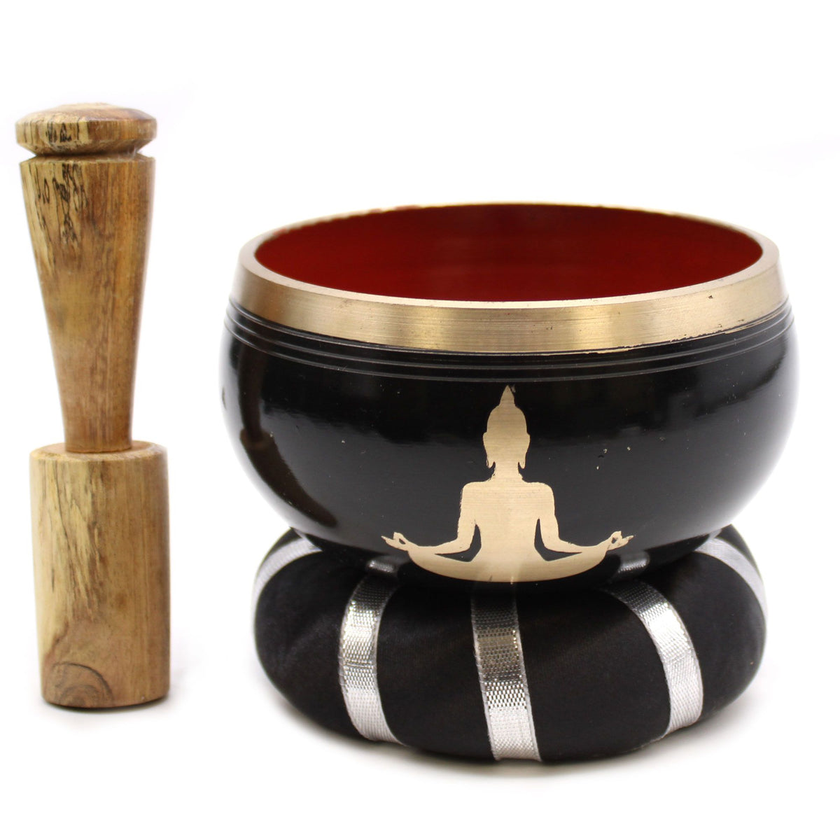 Set de cuenco tibetano negro y naranja con Buda con mazo y cojín