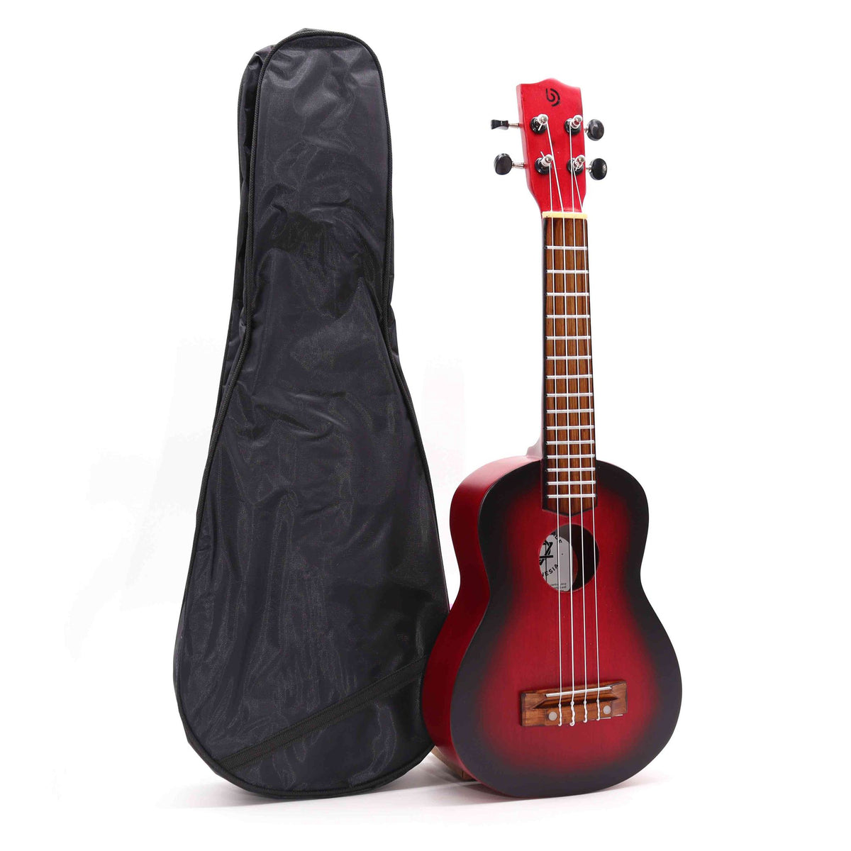 Ukelele artesanal sunburst rojo junto a su funda de transporte