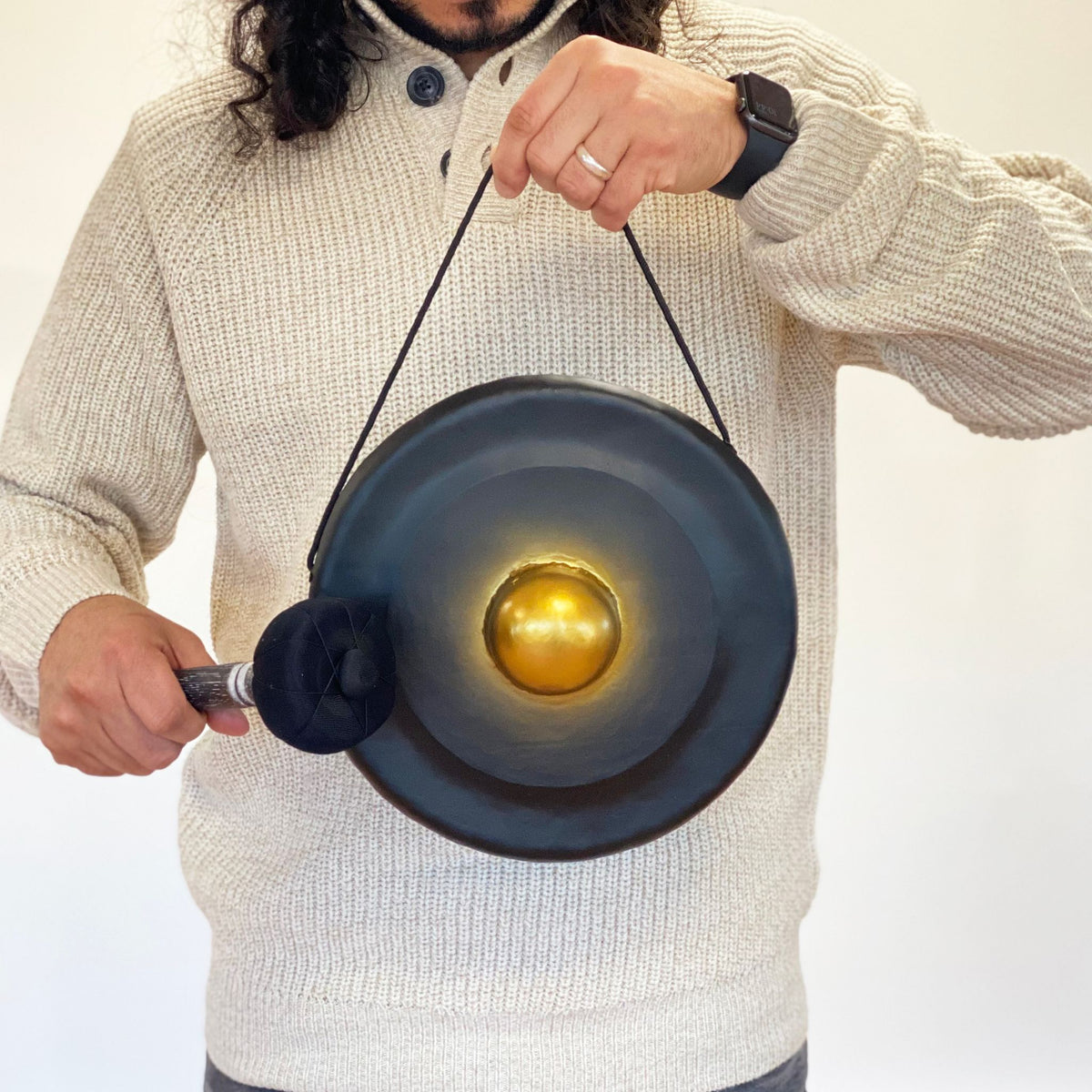 Gong de meditación de 25 cm negro con soporte de madera tallada, foto 2
