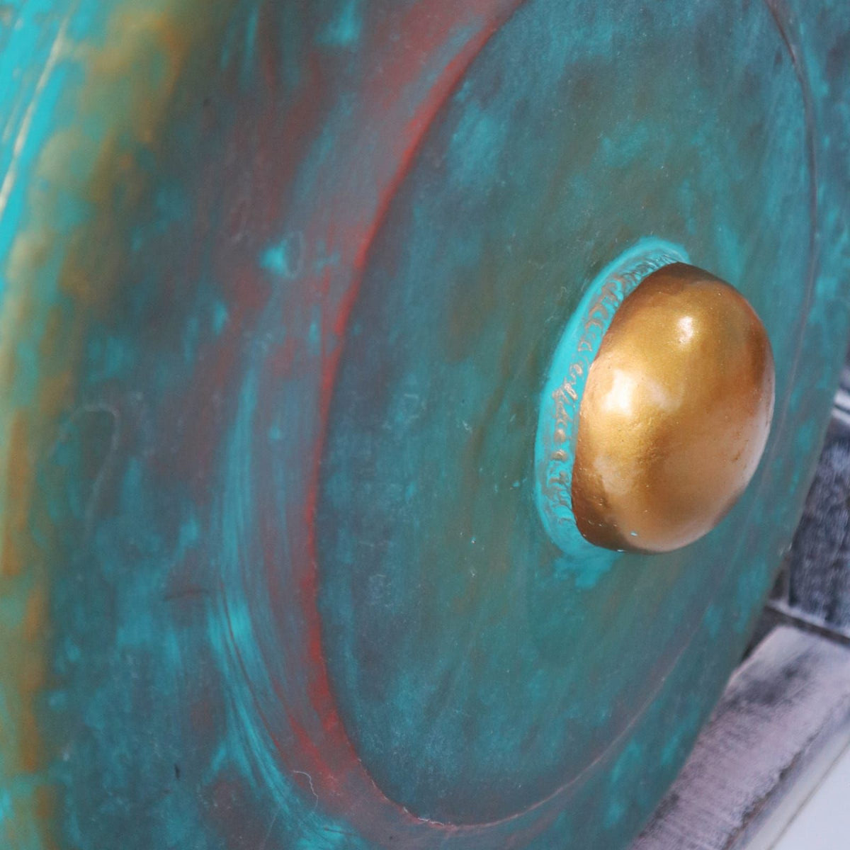 Gong de meditación de 35 cm verde envejecido con soporte de madera tallada, foto 3