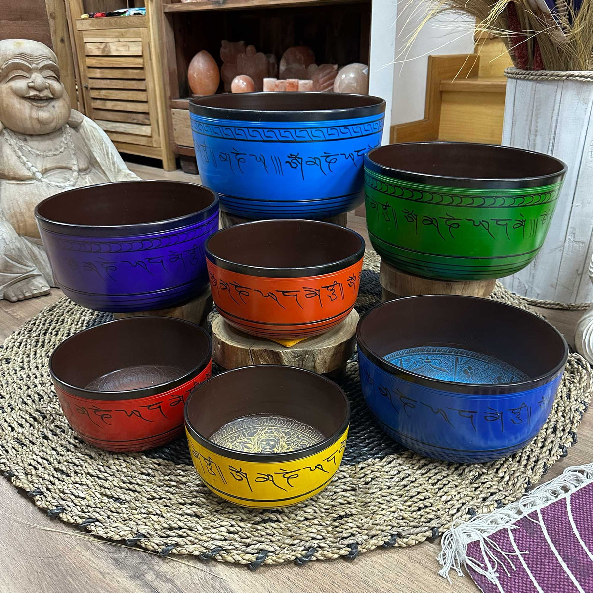 Juego de 7 cuencos tibetanos de colores, tamaño grande