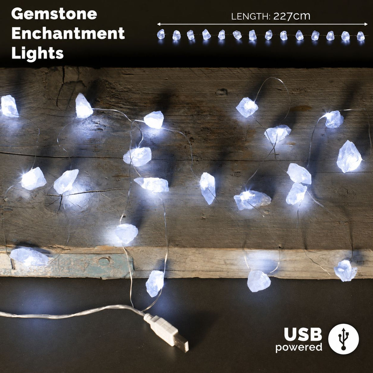 Guirnalda de luces con piedras de cuarzo de roca