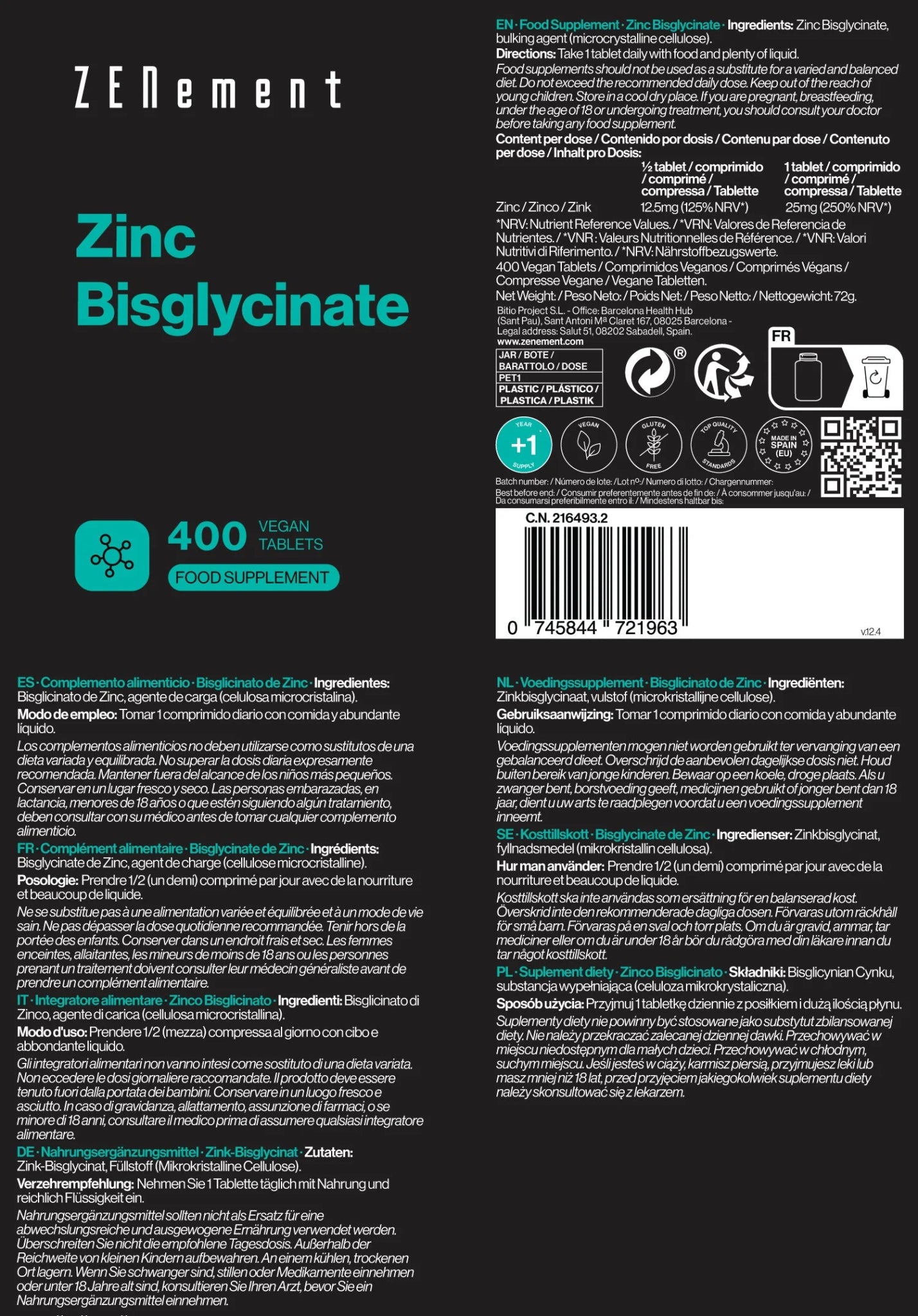 Bisglicinato de Zinc 25 mg - 400 Comprimidos - Montber Professional Brand
