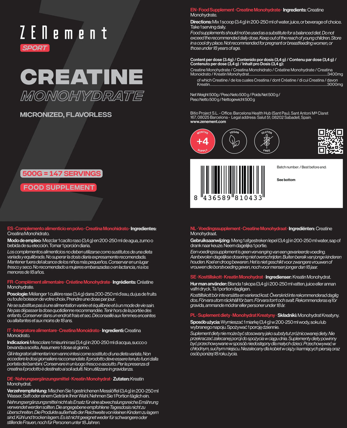 Creatina Monohidrato Pura en Polvo - 500g - Montber Professional Brand