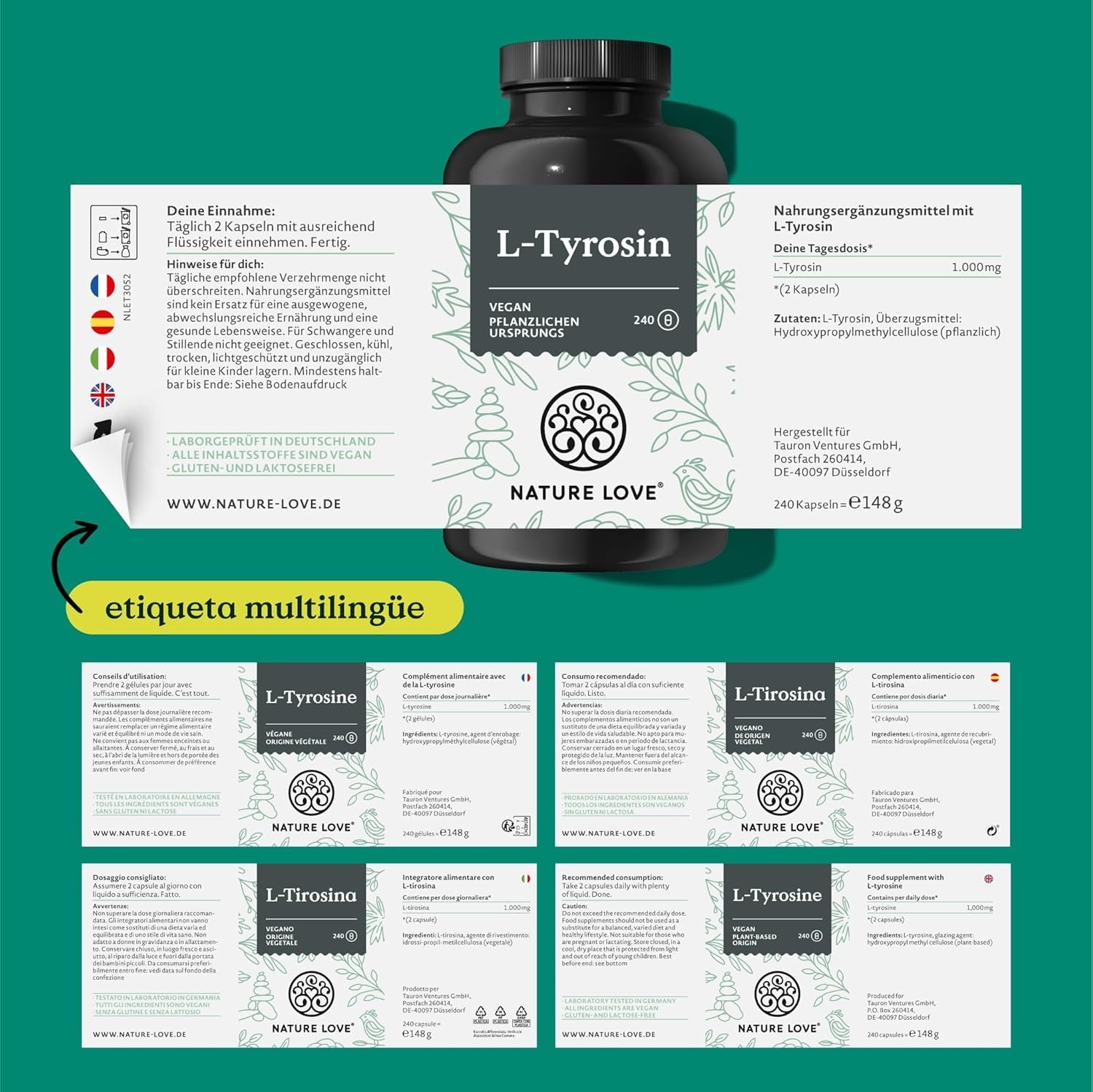 L-Tirosina Vegana - 1000 Mg Por Dosis - 240 Cápsulas - Montber Professional Brand