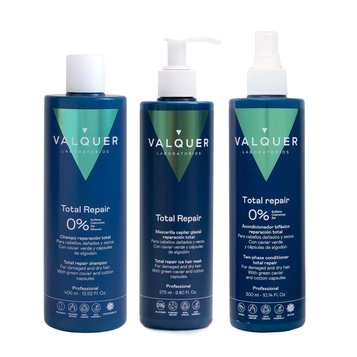 Pack Total Repair para Cabellos Dañados - Champú, Mascarilla y Acondicionador Bifásico - 975 ml - Montber Professional Brand