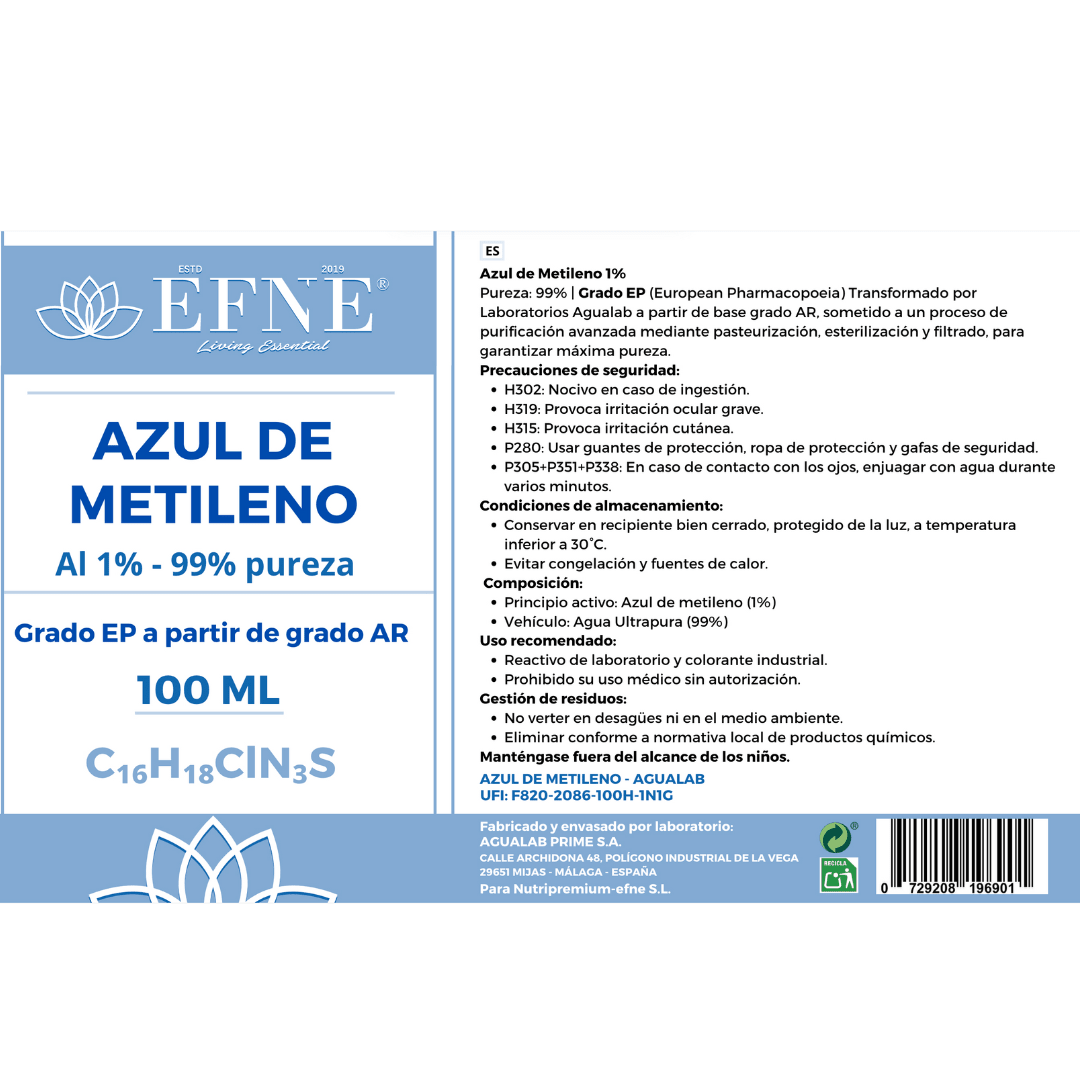Dosificación de azul de metileno puro en gotas para optimización mitocondrial