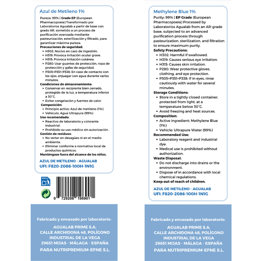 Dosificación de azul de metileno puro en gotas para optimización mitocondrial