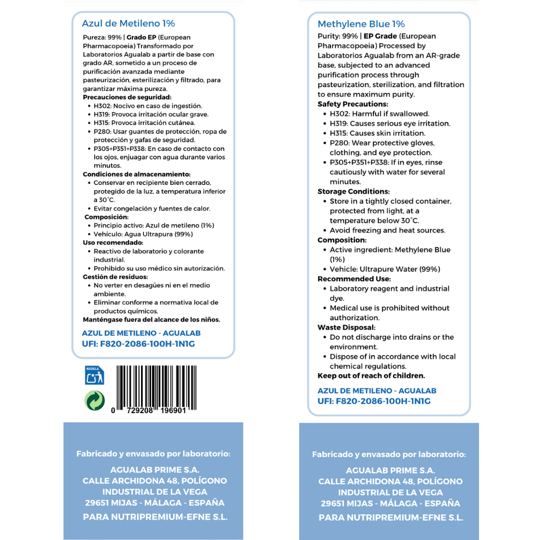 Dosificación de azul de metileno puro en gotas para optimización mitocondrial