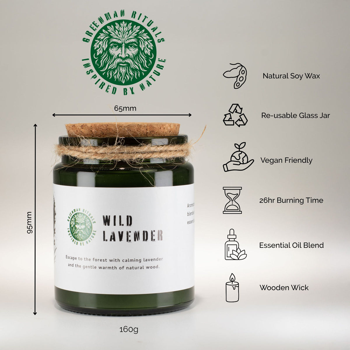 Medidas y características de la vela de soja Greenman: 160 g, 26 horas