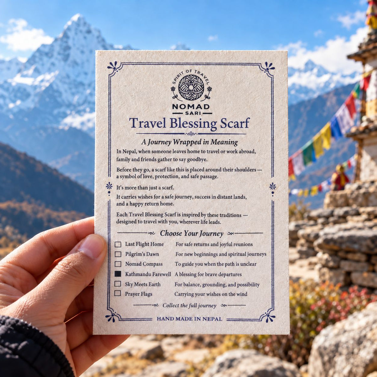 Tarjeta de bendición de viaje que acompaña a las bufandas Nomad Sari