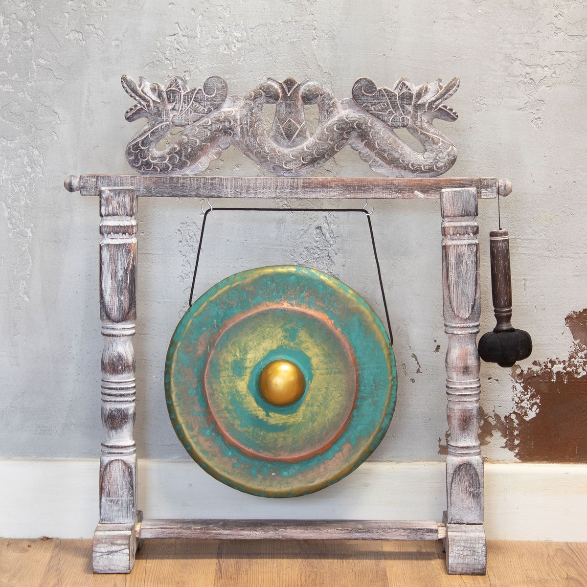 Gong de meditación de 35 cm verde envejecido con soporte de madera tallada
