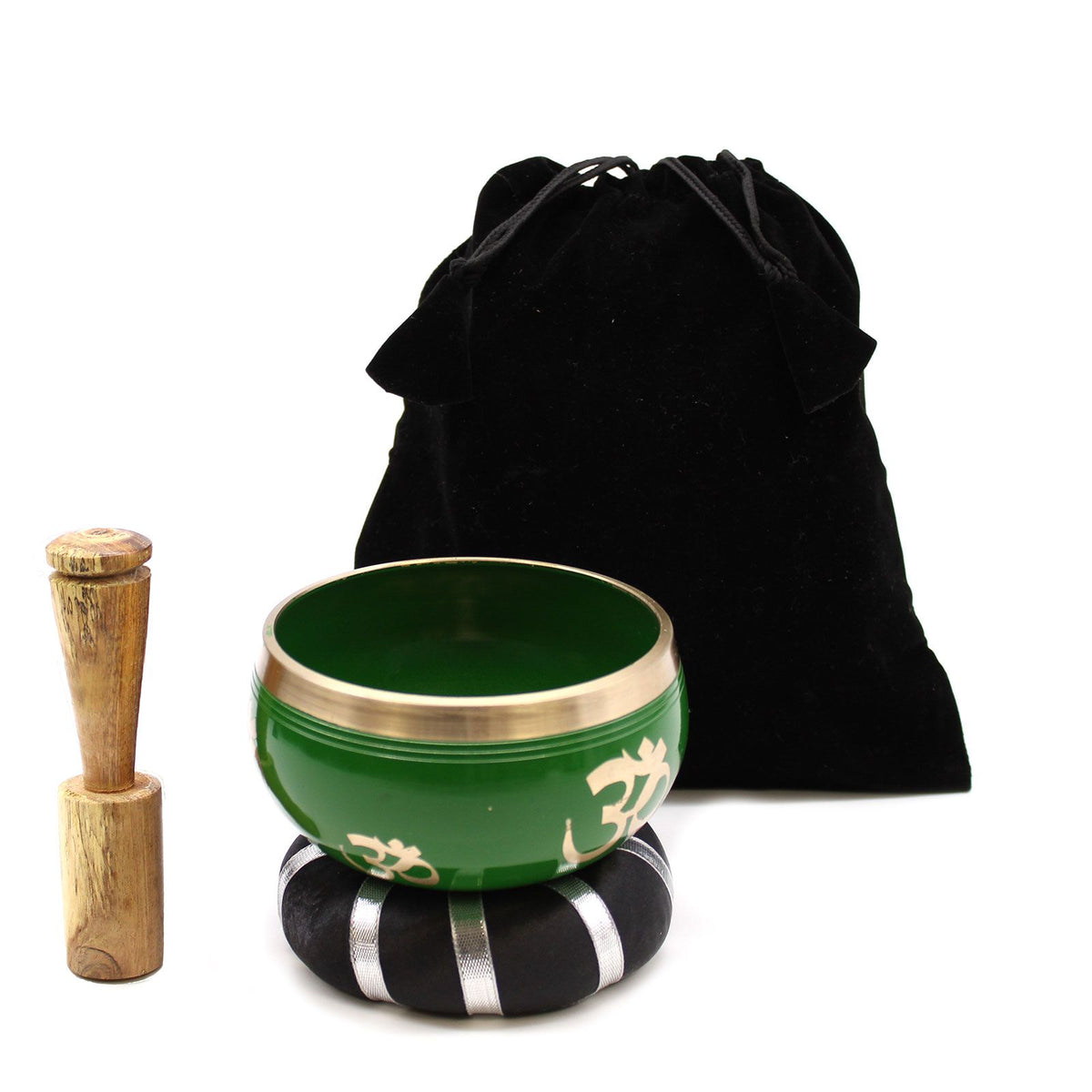 Set de cuenco tibetano verde con árbol de la vida con mazo y cojín, foto 6