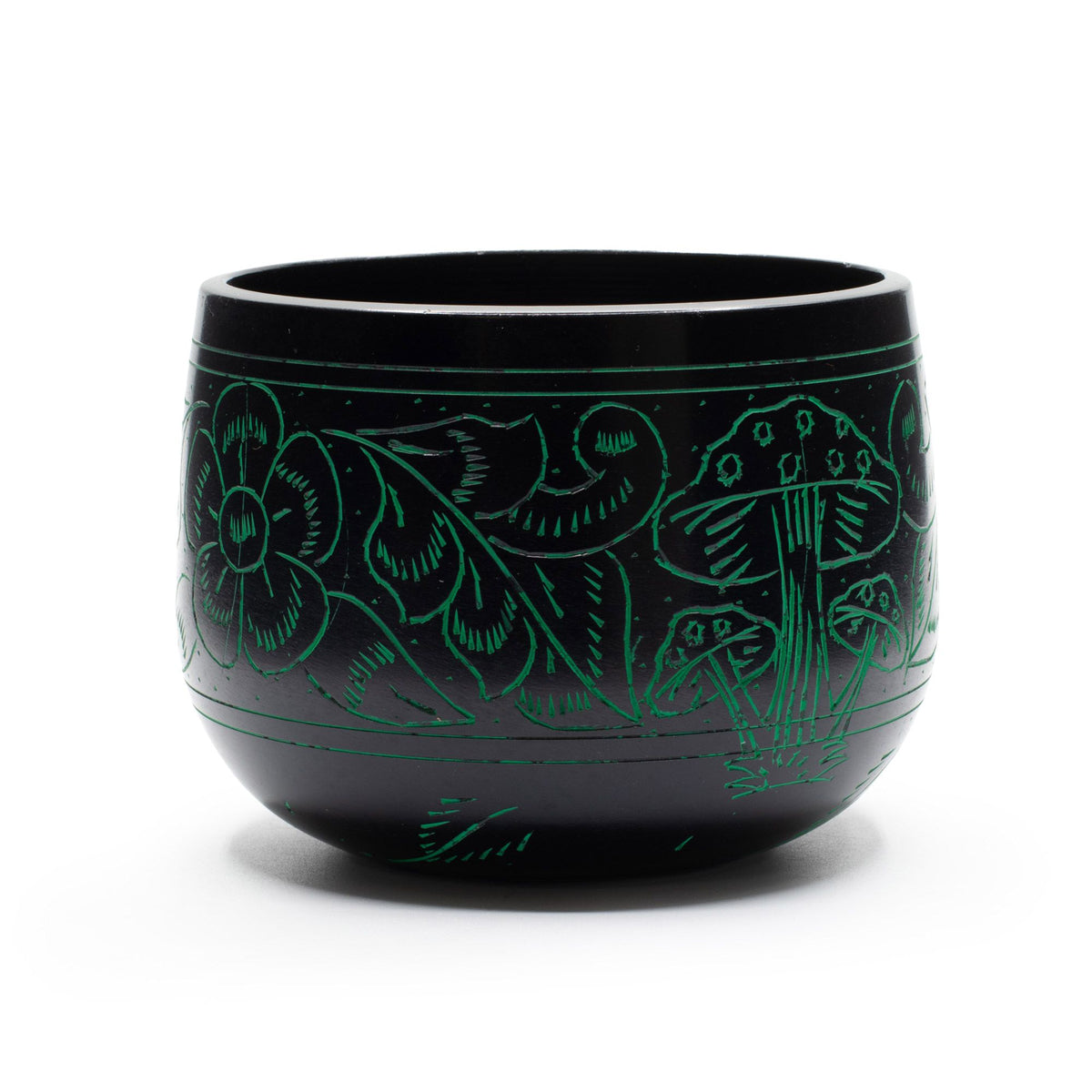 Cuenco tibetano caldero negro con setas grabadas en verde