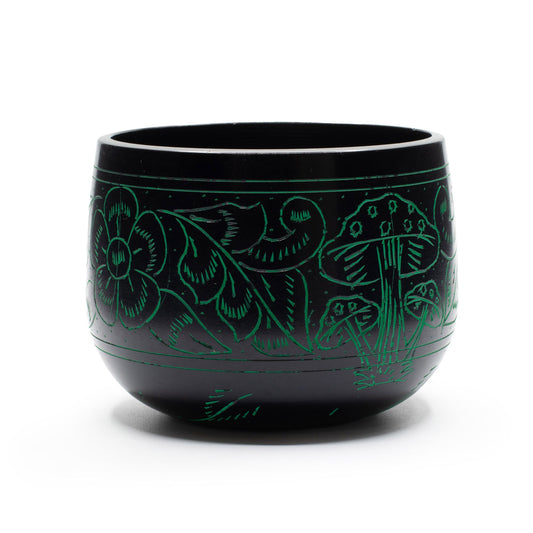 Cuenco tibetano caldero negro con setas grabadas en verde