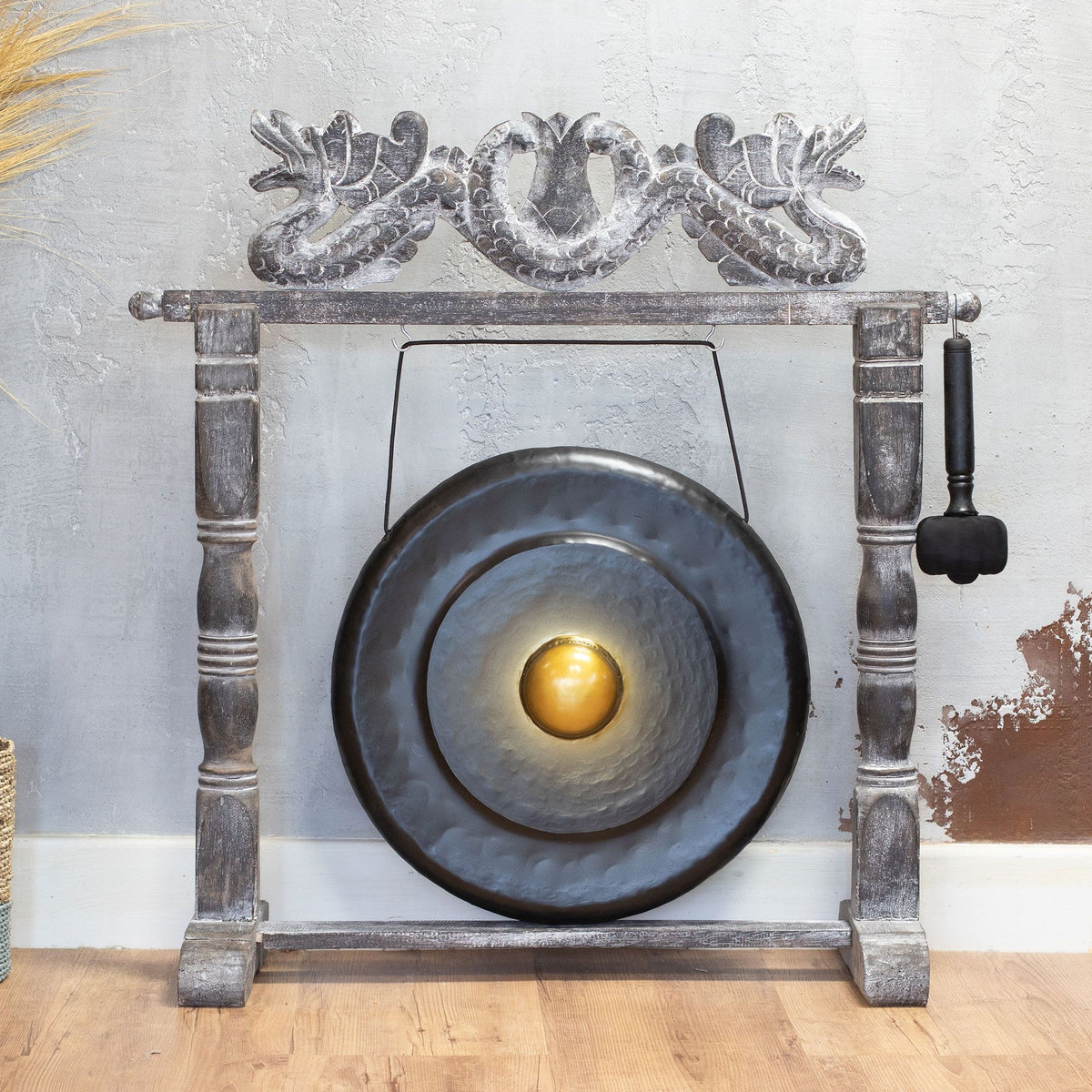 Gong de meditación de 50 cm negro con soporte de madera tallada