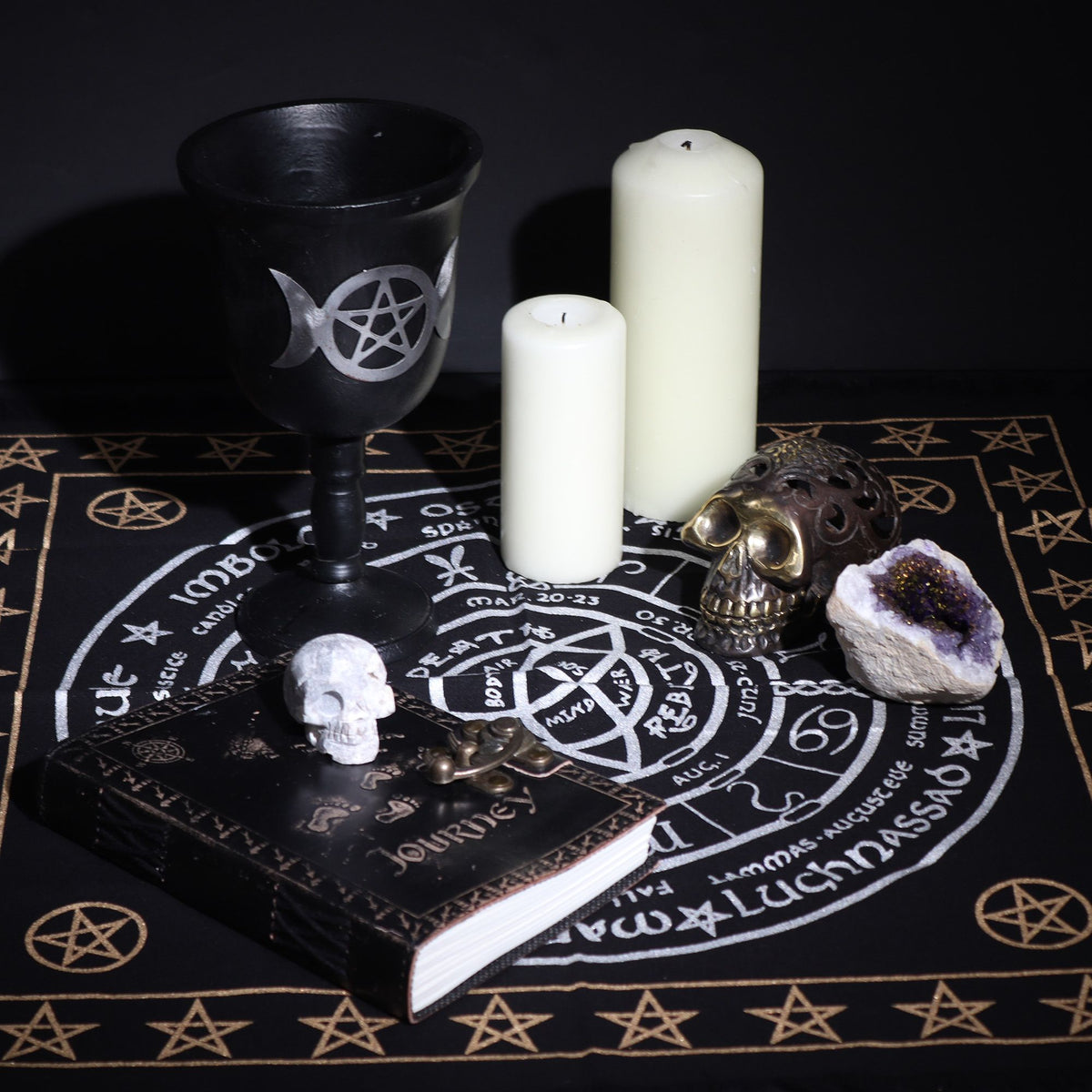 Mantel de altar esotérico con flecos - Vida Muerte Renacimiento