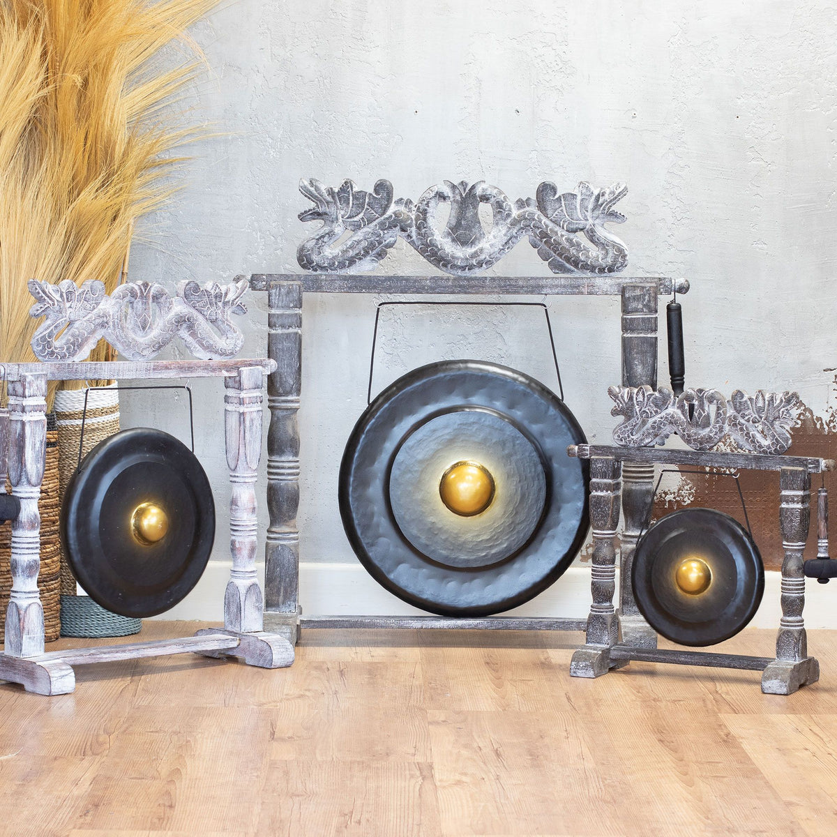 Gong de meditación de 25 cm negro con soporte de madera tallada, foto 12