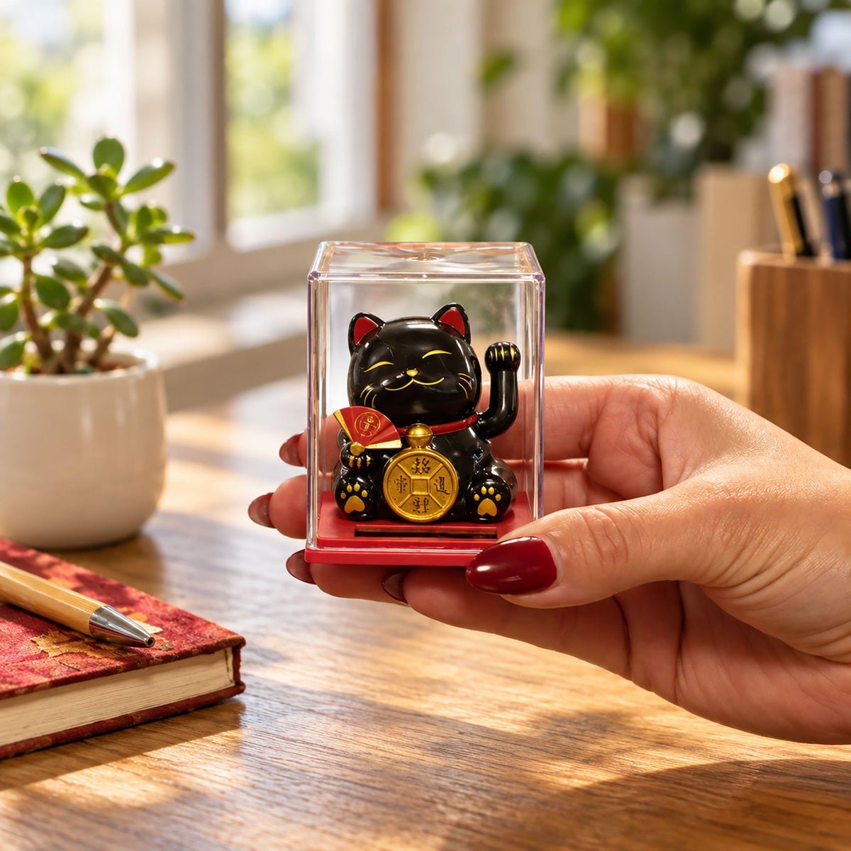 Mini gato de la suerte solar negro en caja transparente, foto 6