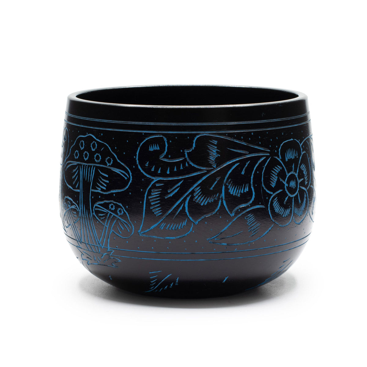 Cuenco tibetano caldero negro con setas grabadas en azul