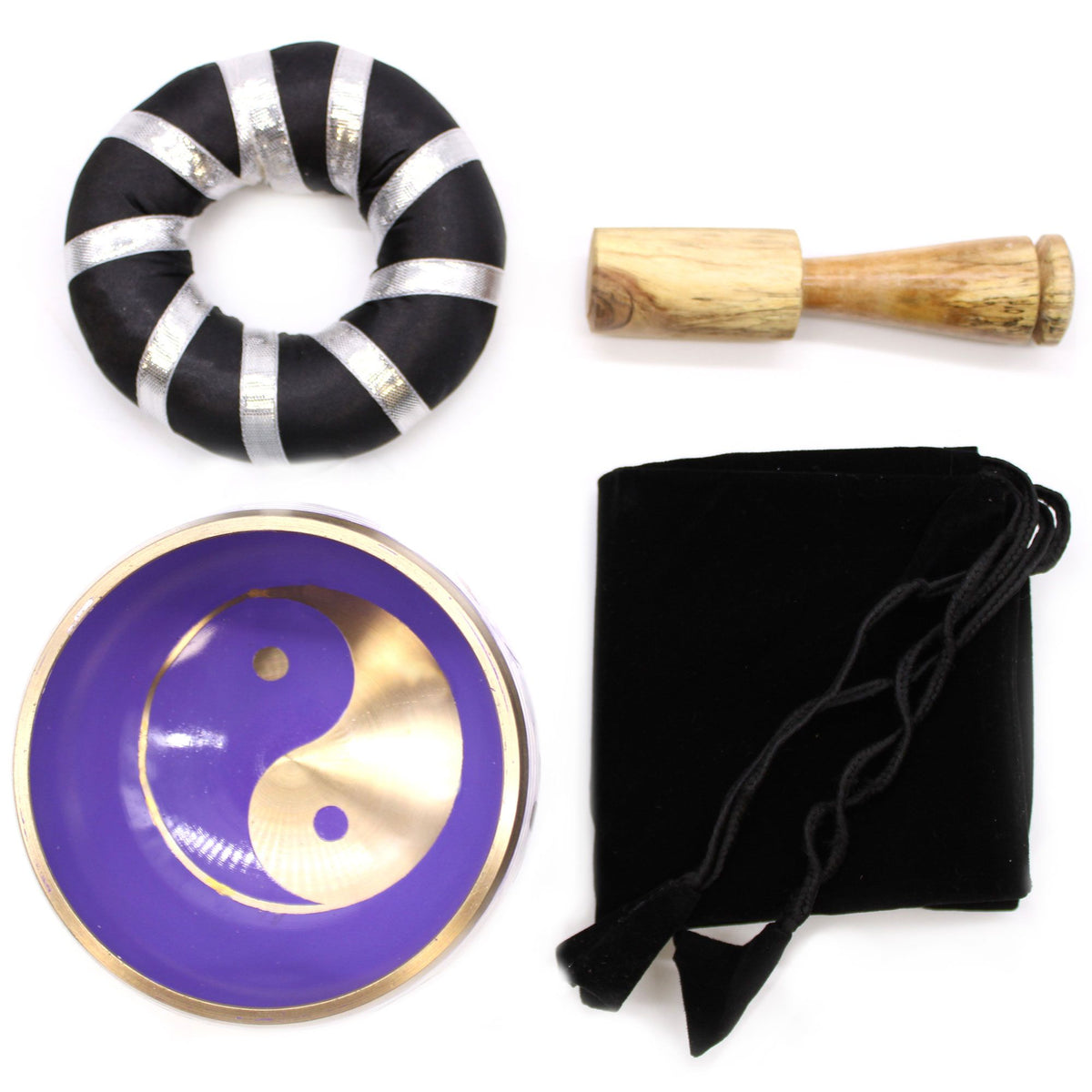 Set de cuenco tibetano blanco con yin yang con mazo y cojín, foto 2