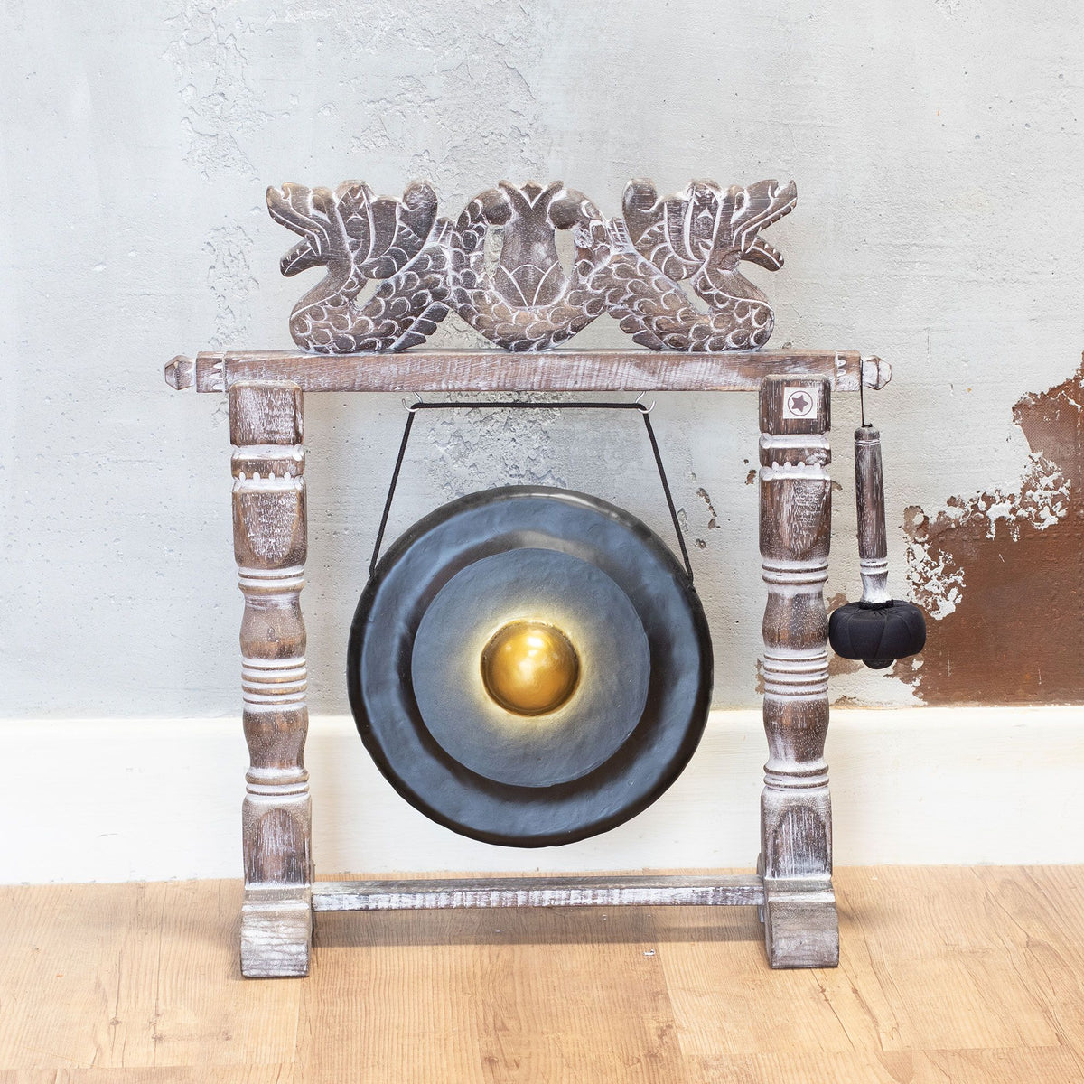 Gong de meditación de 25 cm negro con soporte de madera tallada