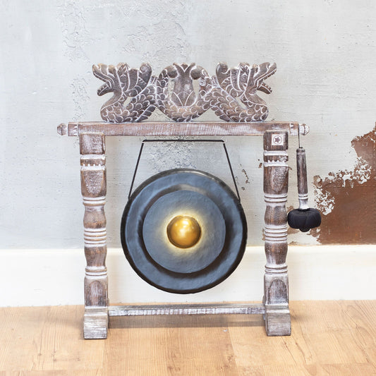 Gong de meditación de 25 cm negro con soporte de madera tallada