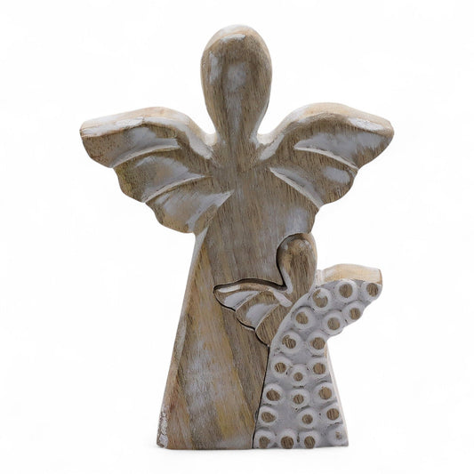 Figura de dos ángeles de madera de mango 15 cm