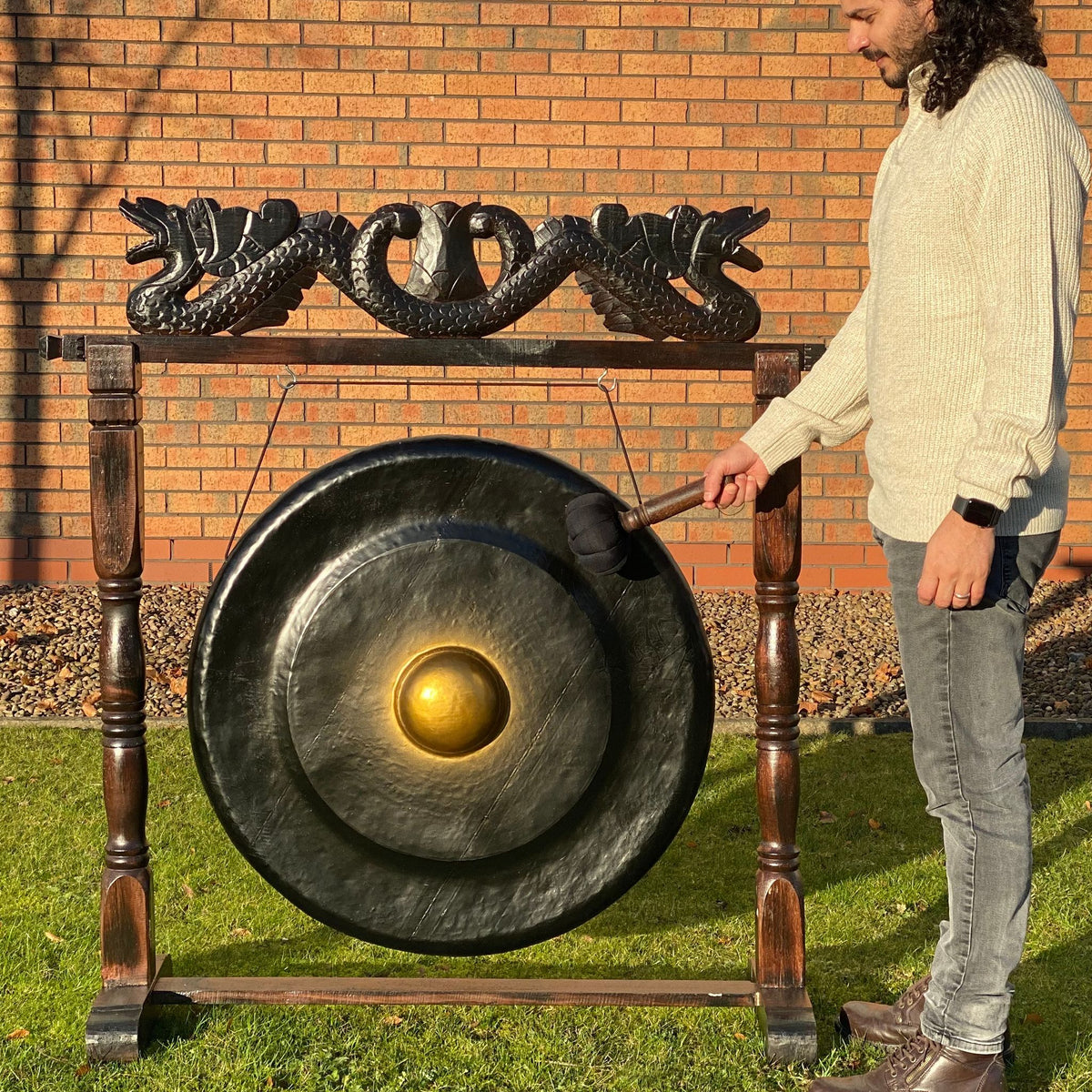 Gong de meditación de 80 cm negro con soporte de madera tallada, foto 4