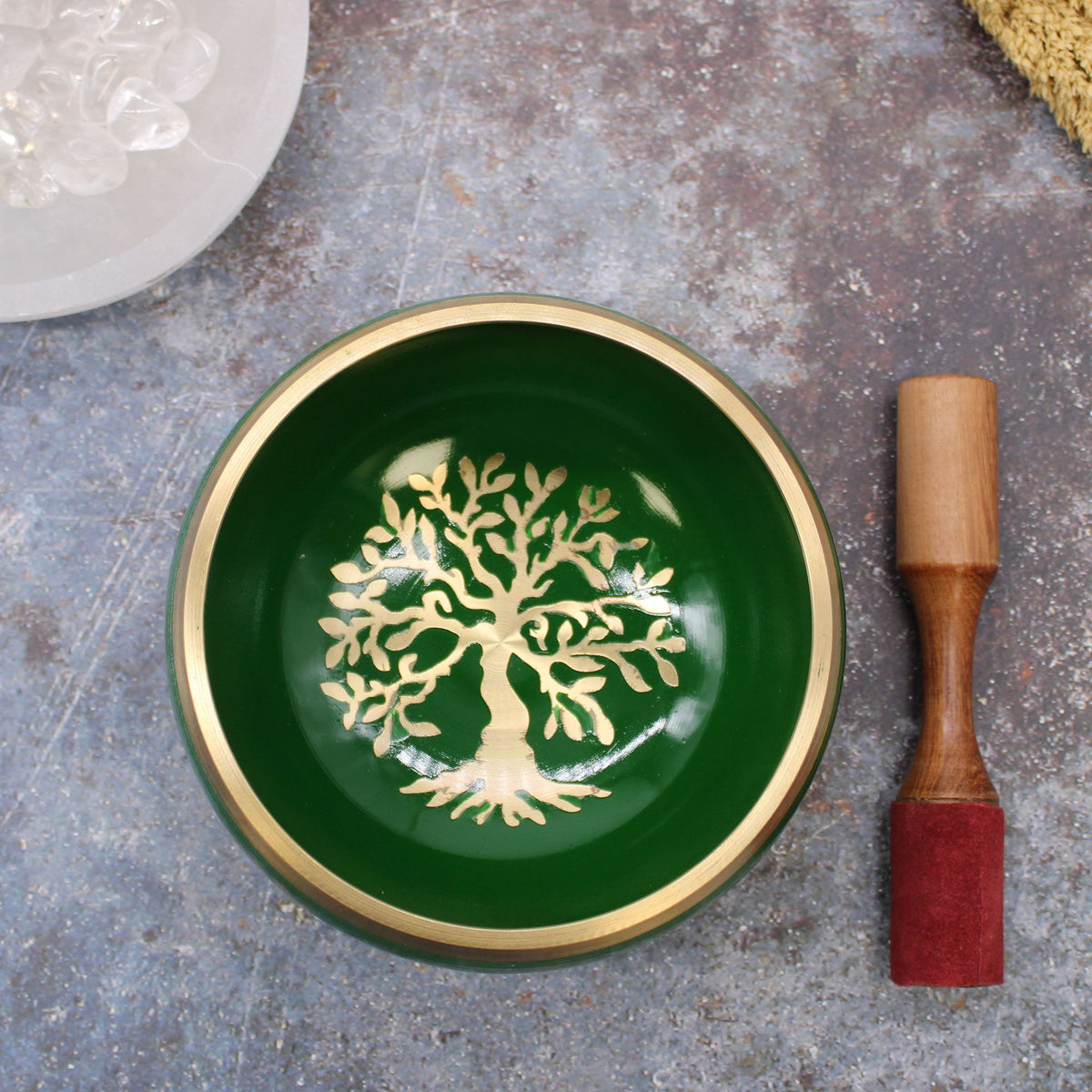 Set de cuenco tibetano grande verde con árbol de la vida con mazo y cojín, foto 4