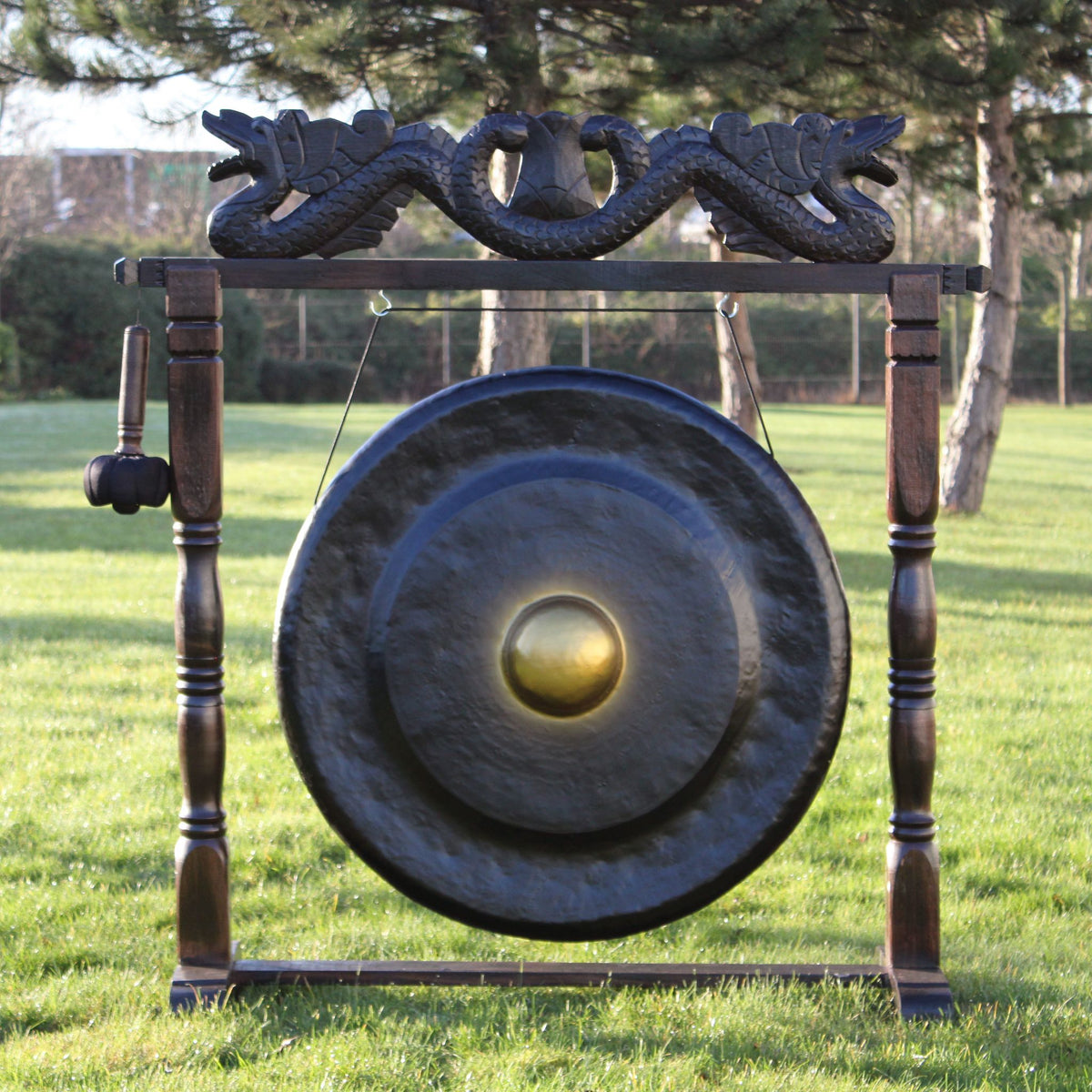 Gong de meditación de 80 cm negro con soporte de madera tallada, foto 2