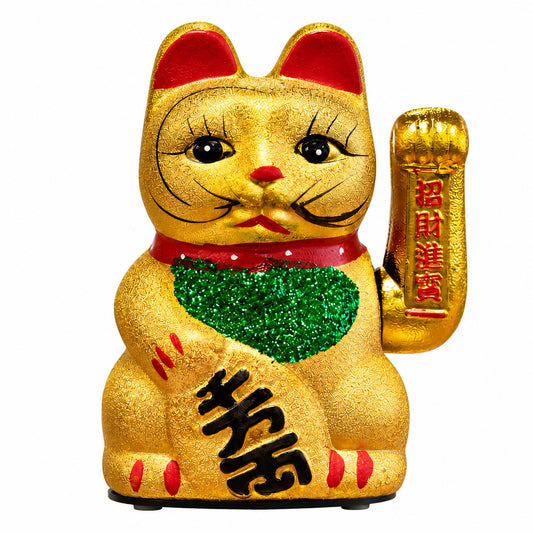 Gato de la suerte maneki-neko dorado clásico con brazo que saluda