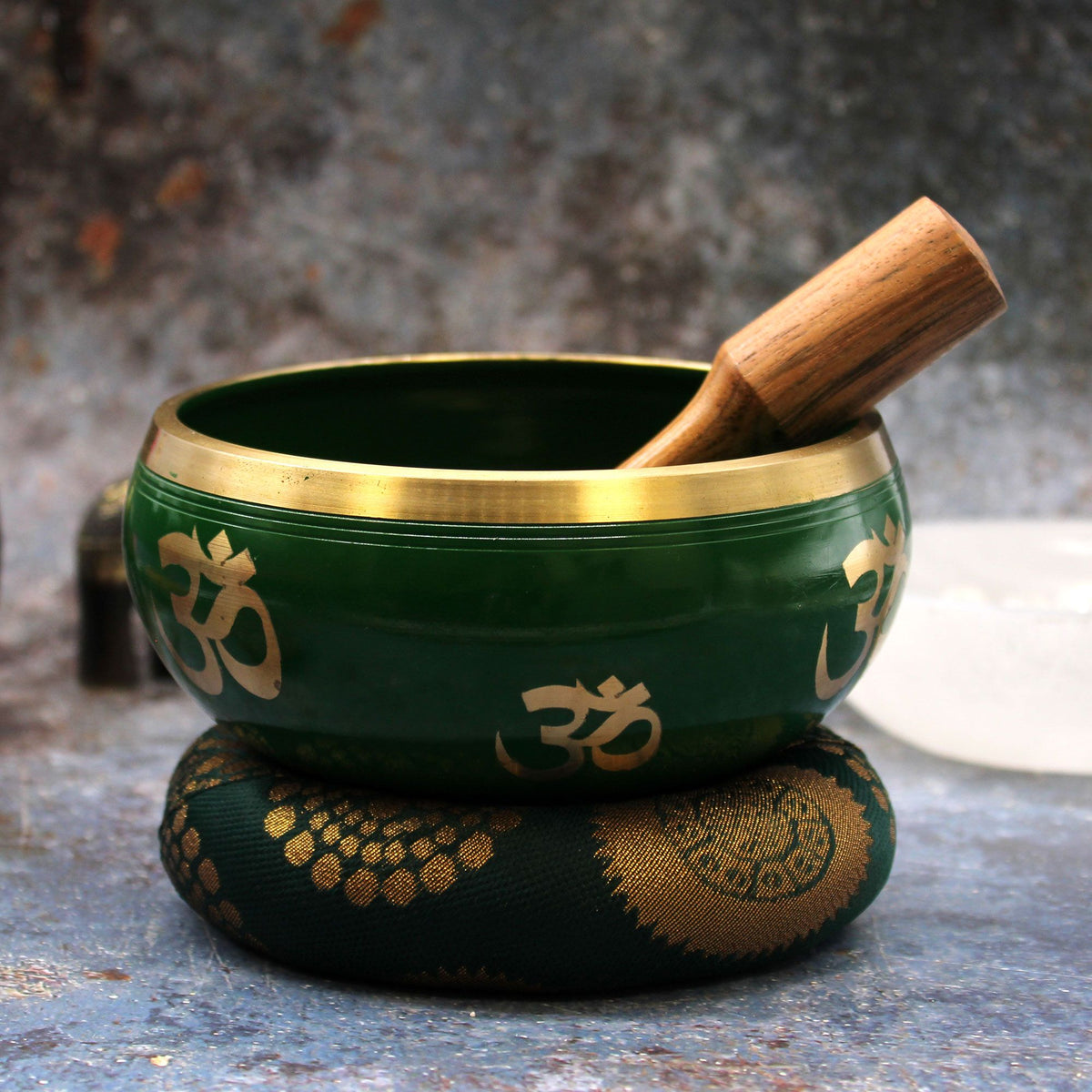 Set de cuenco tibetano grande verde con árbol de la vida con mazo y cojín, foto 5