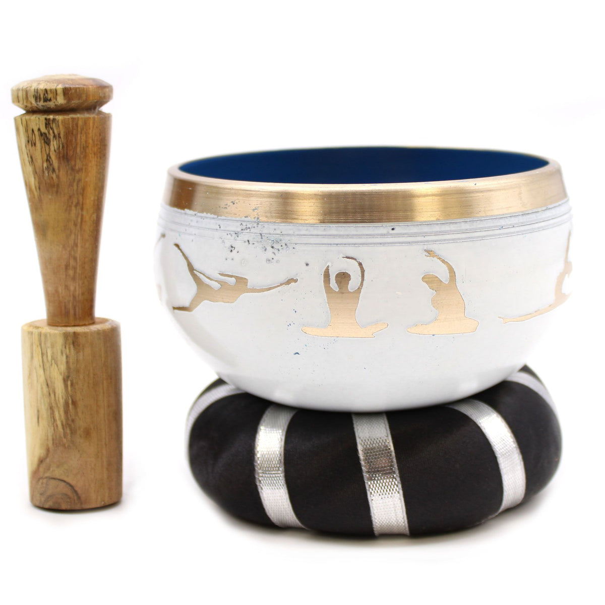 Set de cuenco tibetano blanco con posturas de yoga con mazo y cojín