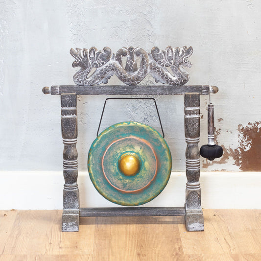 Gong de meditación de 25 cm verde envejecido con soporte de madera tallada