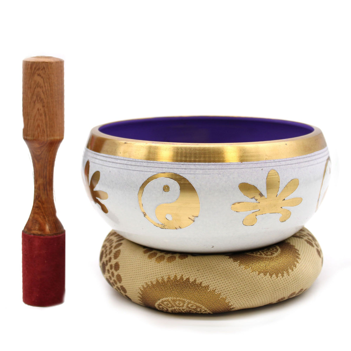 Set de cuenco tibetano grande blanco con yin yang con mazo y cojín