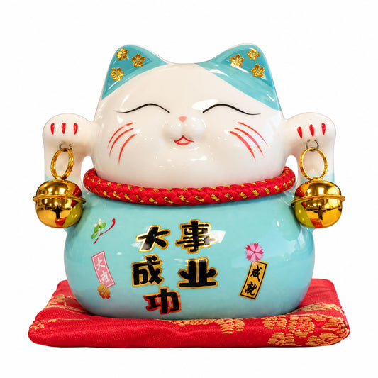 Hucha de cerámica gato de la suerte azul sobre cojín