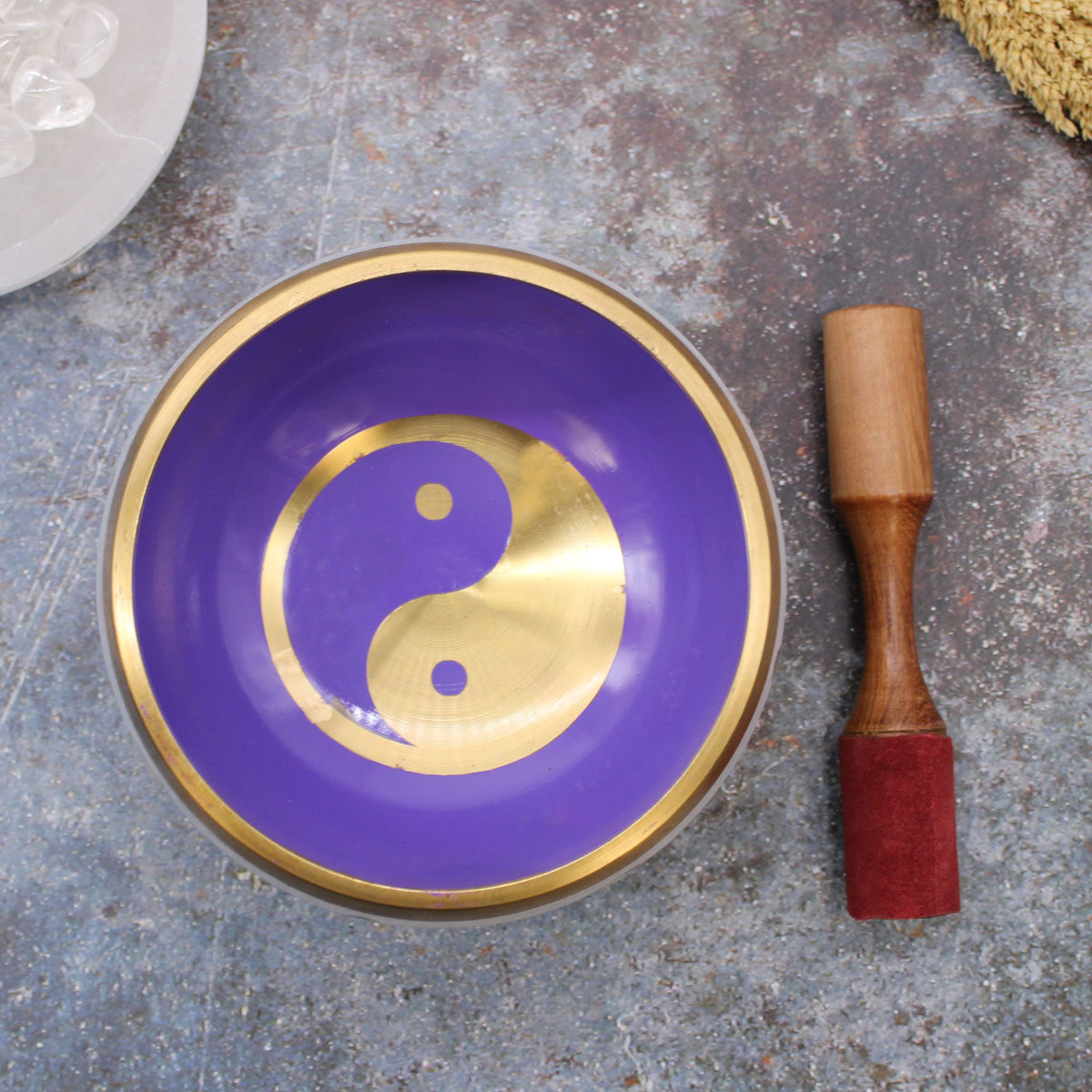Set de cuenco tibetano grande blanco con yin yang con mazo y cojín, foto 7